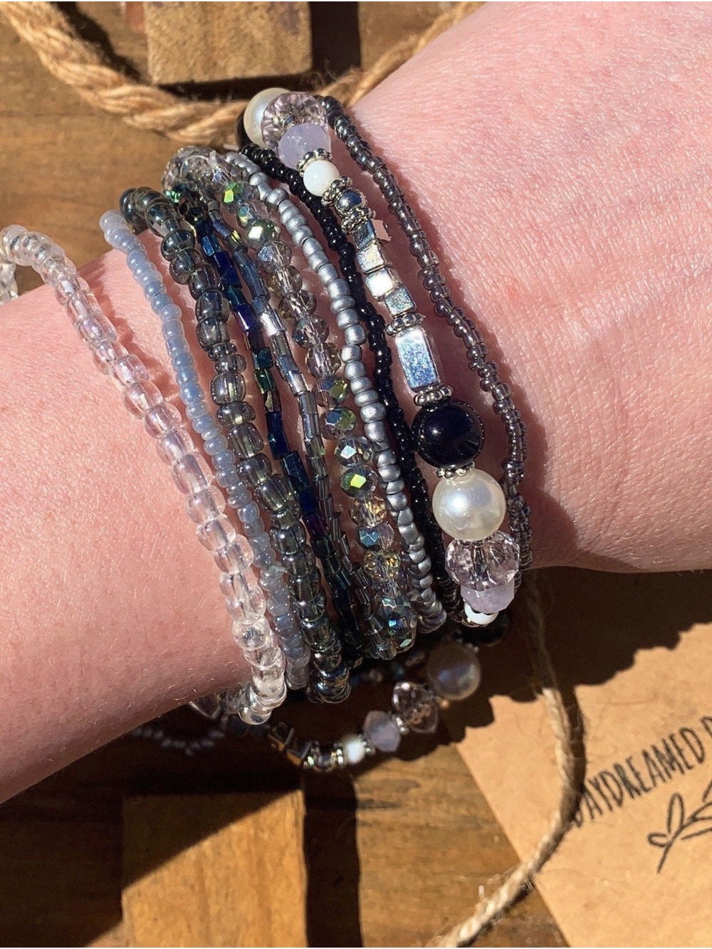 10 piece stackable Multi-Strand Beaded Bracelet Stackable black and silver